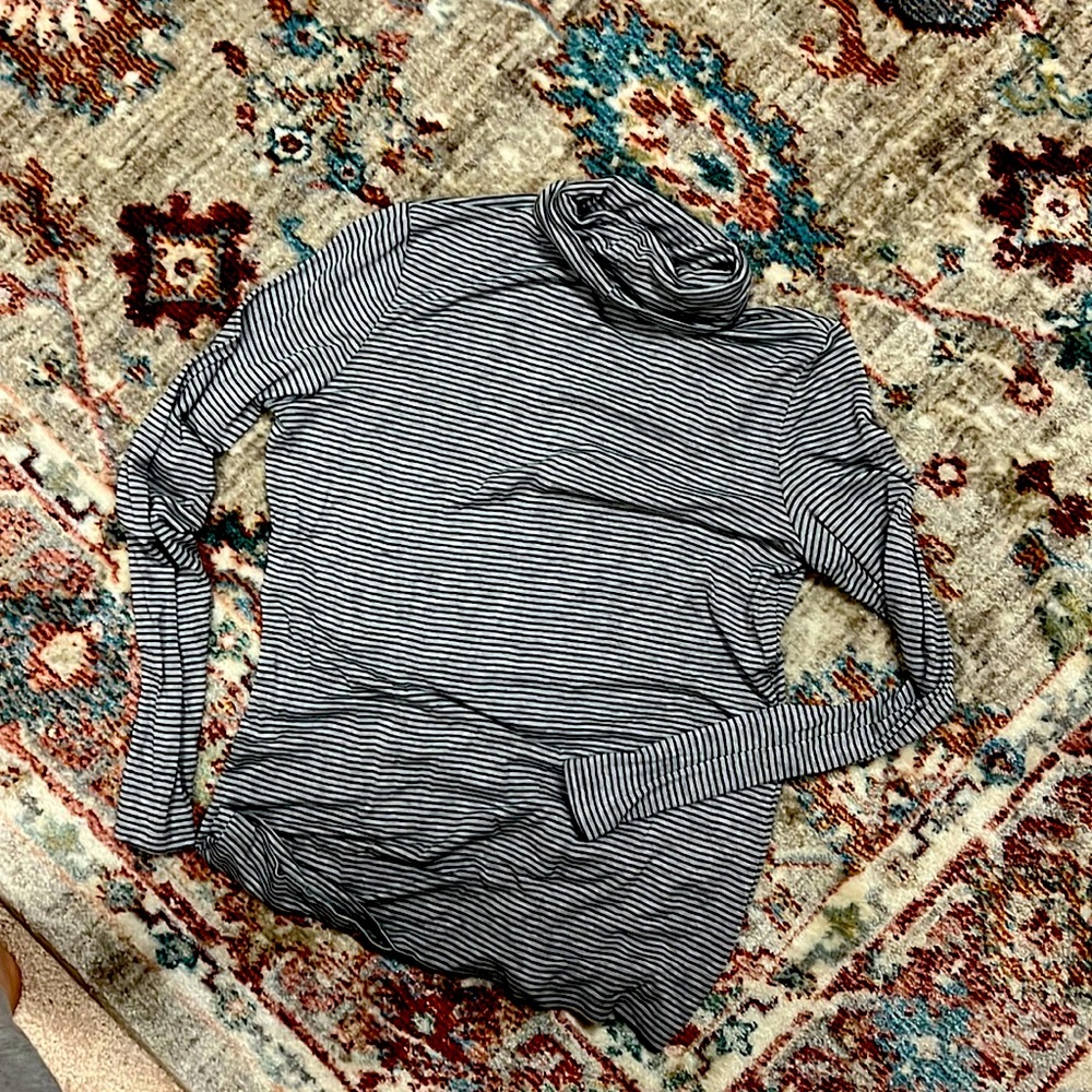 Gray and black striped turtleneck shirt